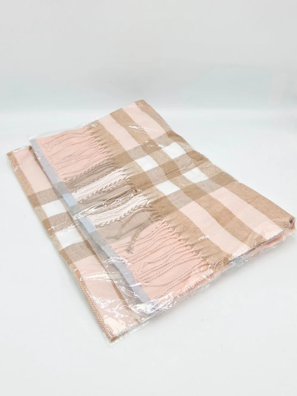 Plaid Cashmere Scarf - Pink, tan, blue, white, and cream